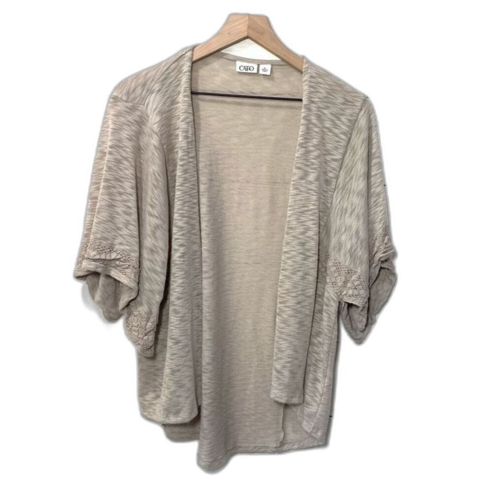 Cato XL Beige Open Front Cardigan Crochet Sleeve‎ Lightweight Boho Layering Top